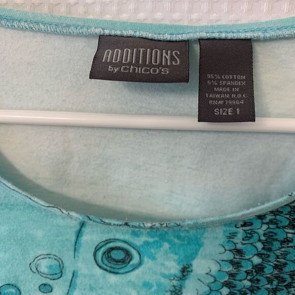 😊 3/$30 Chico’s Additions Sz 1 (Medium) women’s top 3/4th sleeves w/Caribbean - Picture 2 of 8